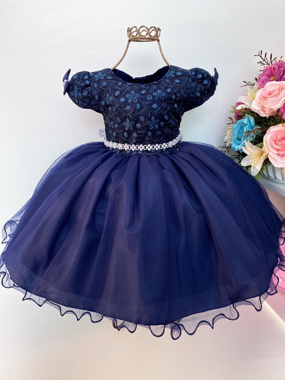 Vestido Infantil Azul Escuro Renda e Voal Luxo Festas