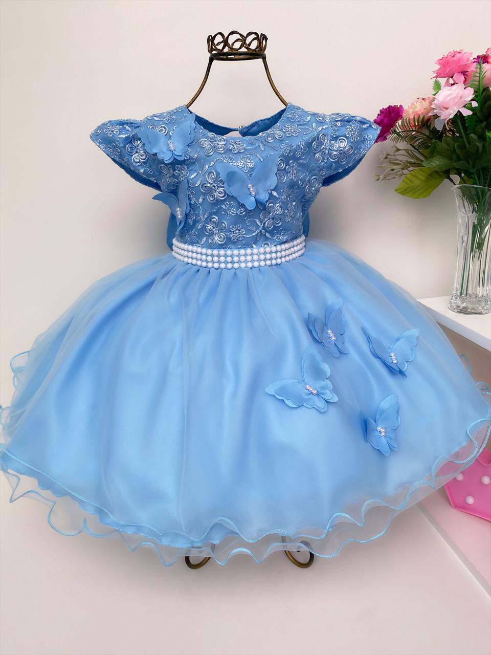 Vestido Infantil Azul Pérolas Renda Aplique Borboletas