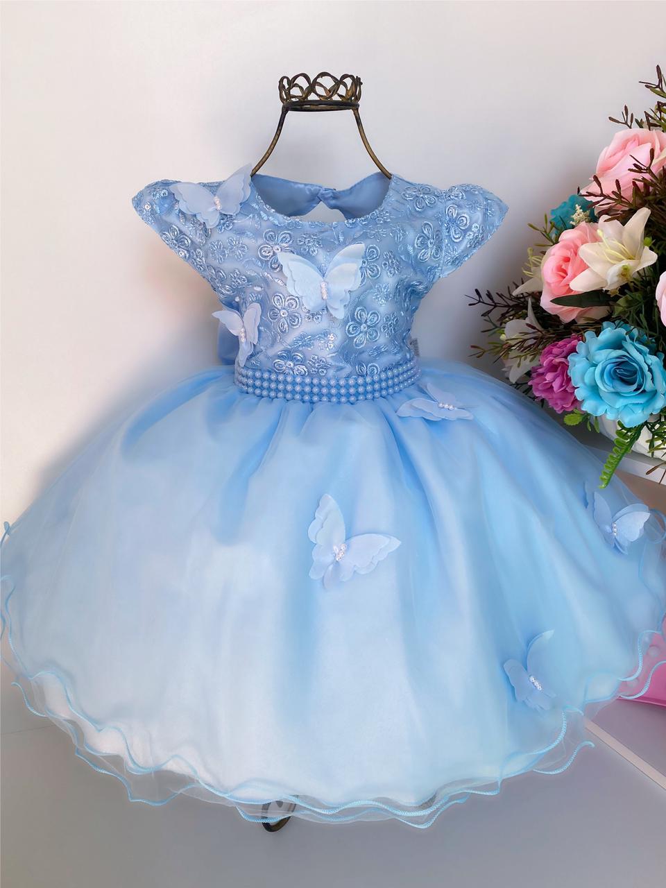 Vestido Infantil Azul Pérolas Renda Aplique Borboletas