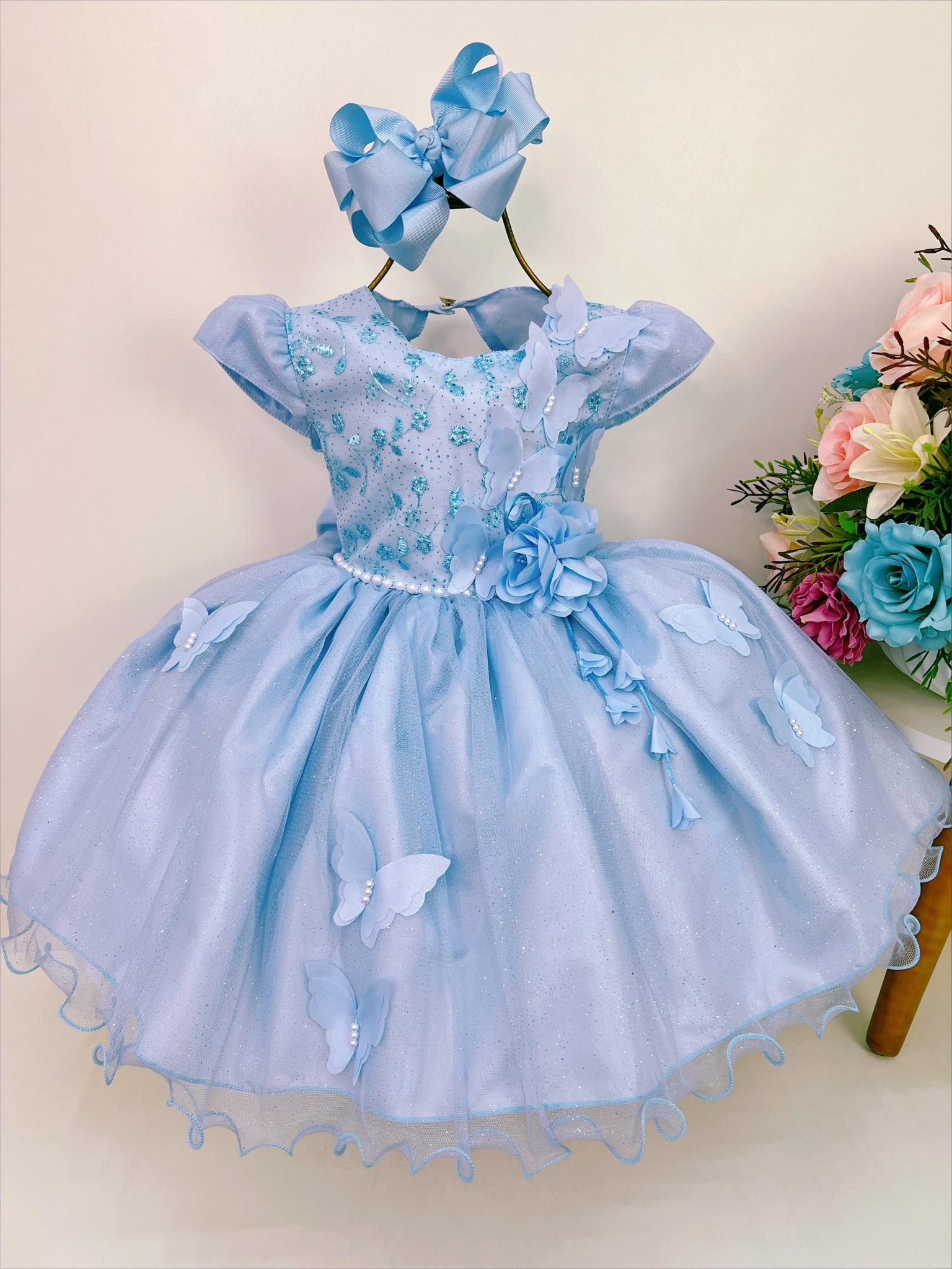 Vestido Infantil Azul Renda Aplique Borboletas Brilho Luxo