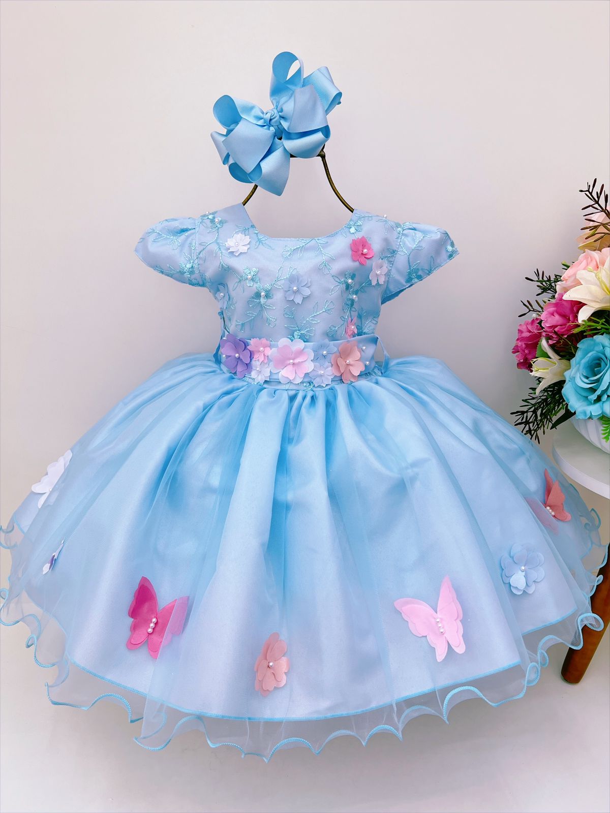 Vestido Infantil Azul Claro Jardim Encantado Super Luxo