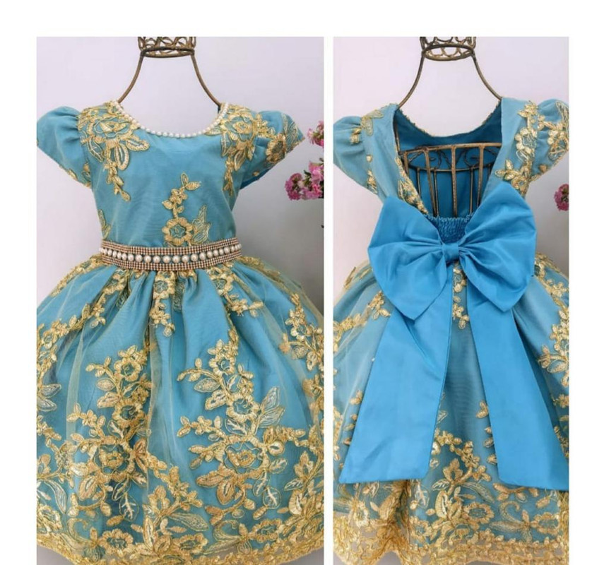 Vestido Infantil Azul Renda Dourada Luxo Pérolas e Strass