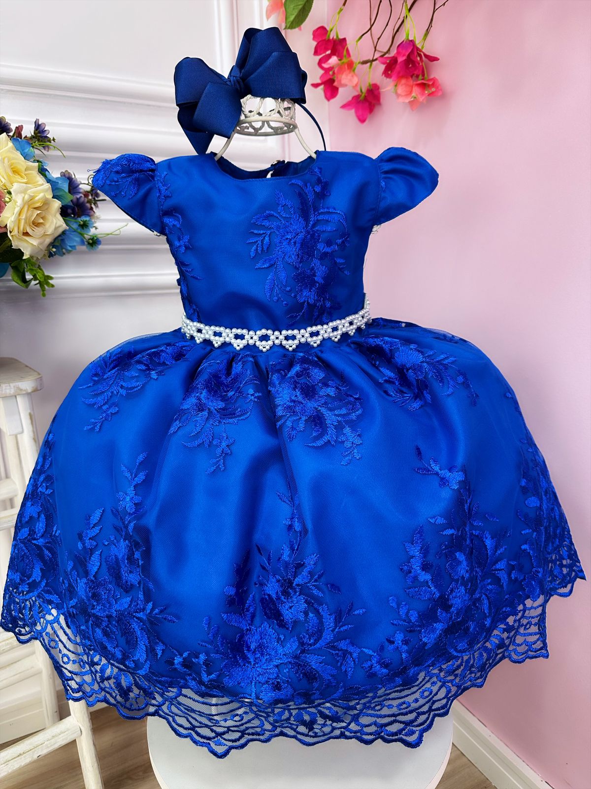 Vestido Infantil Azul Royal C/ Renda Realeza Cinto Pérolas