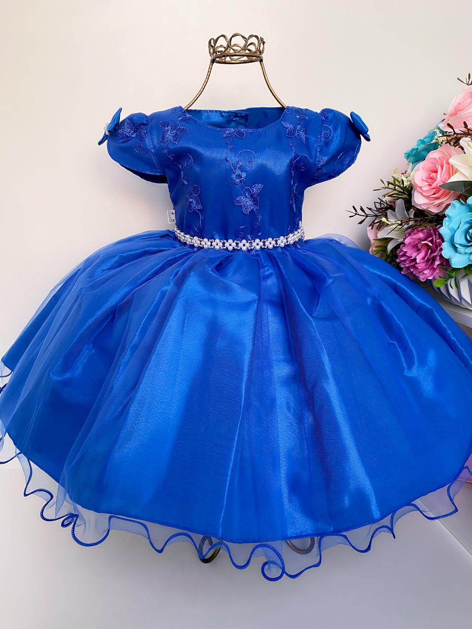 Vestido Infantil Azul Royal Renda e Voal Luxo Festas
