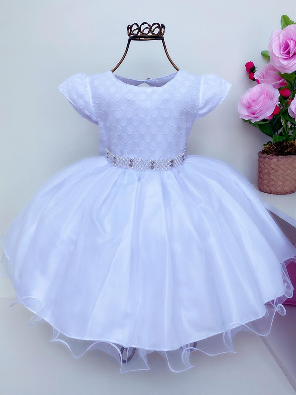 Vestido Infantil Branco Batizado Daminhas Luxo Cinto Pérolas