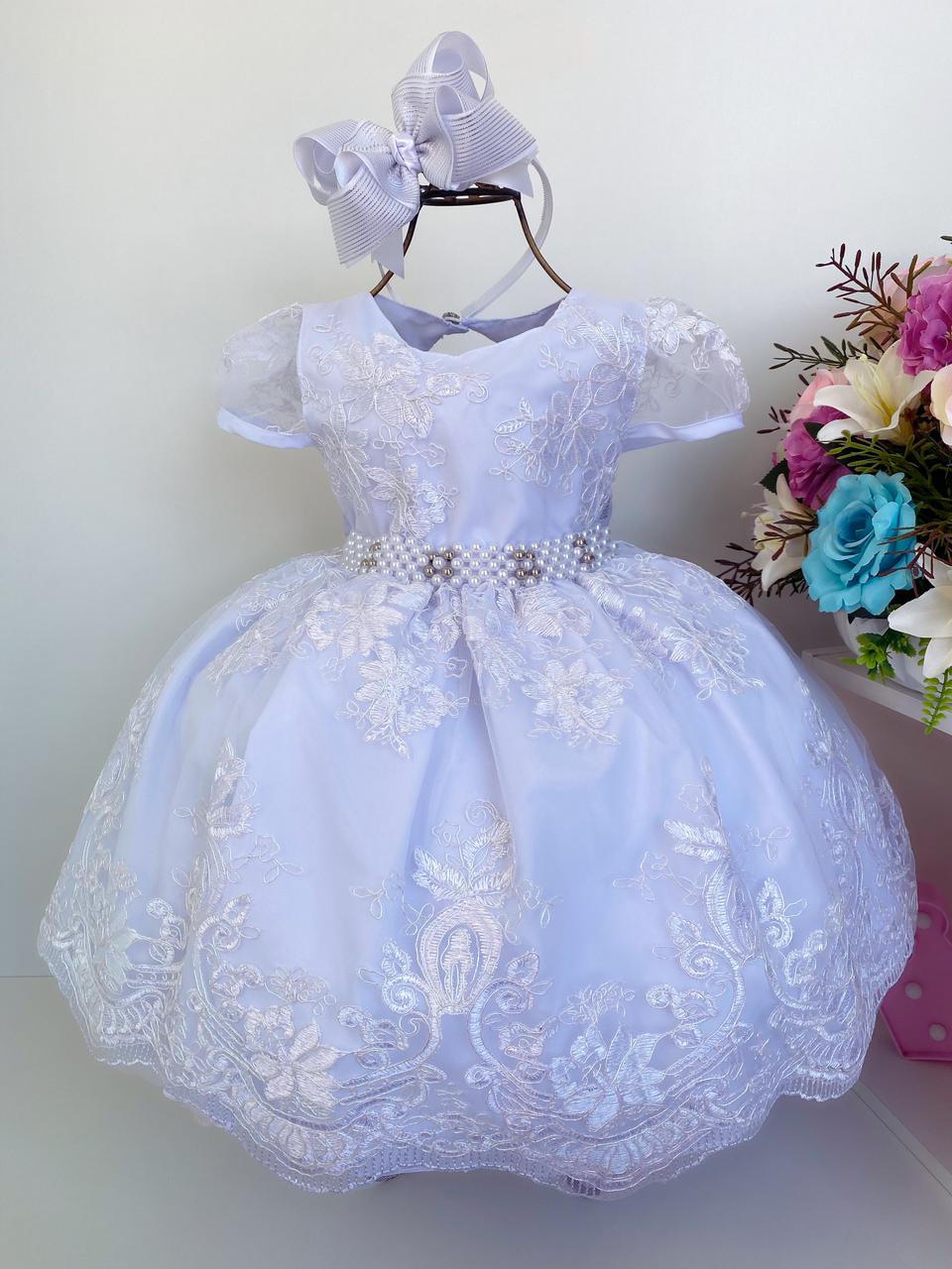 Vestido Infantil Branco Batizado Realeza Renda Branca