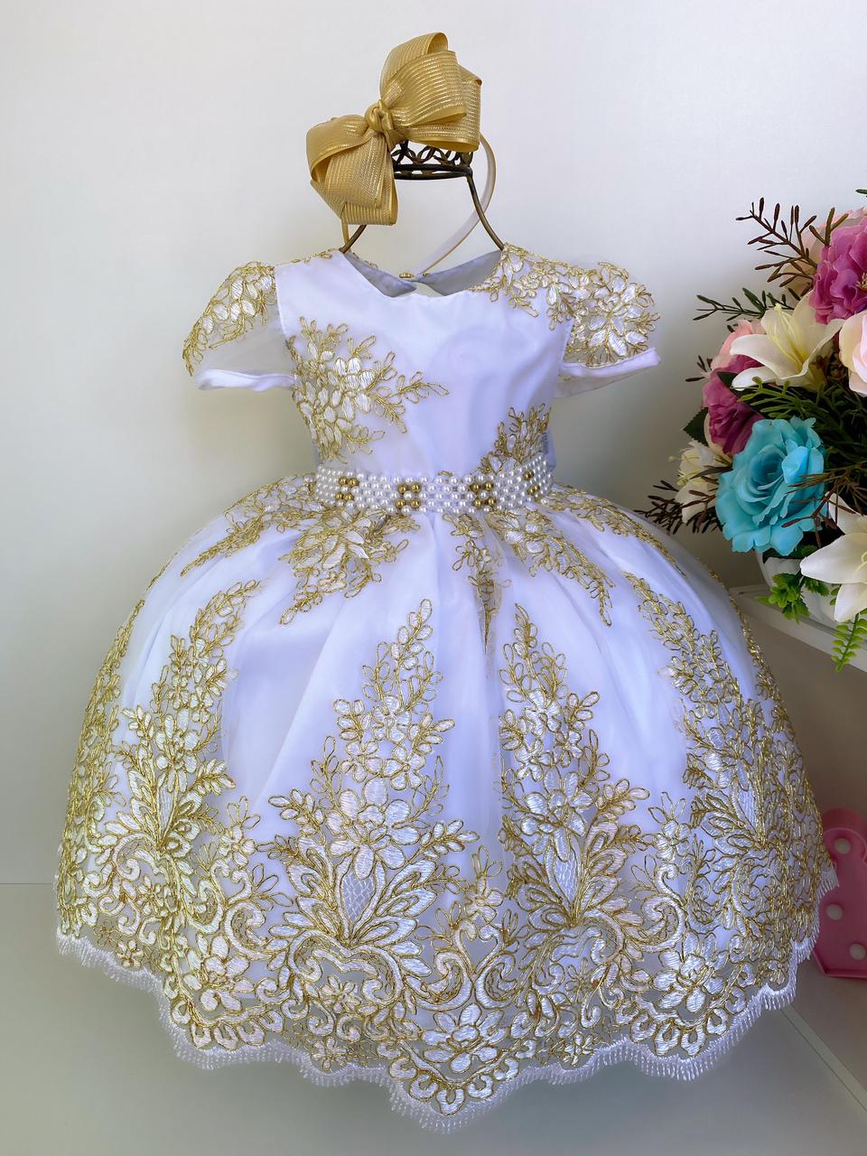 Vestido Infantil Branco Batizado Realeza Renda Dourada