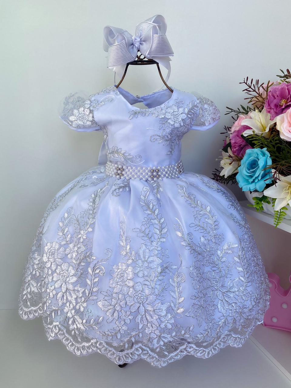 Vestido Infantil Branco Batizado Realeza Renda Prata