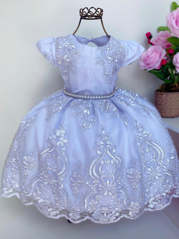 Vestido Infantil Branco Batizado Realeza Renda Prata Luxo