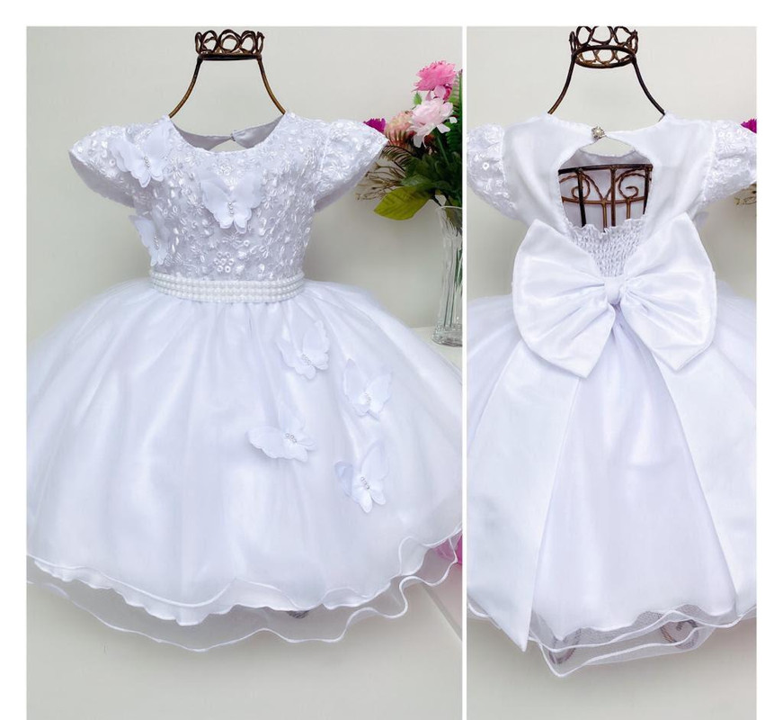 Vestido Infantil Branco Batizado Renda Aplique Borboletas