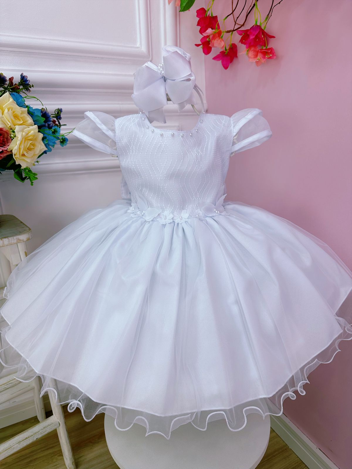 Vestido Infantil Branco C/ Aplique Flores Borboletas e Renda