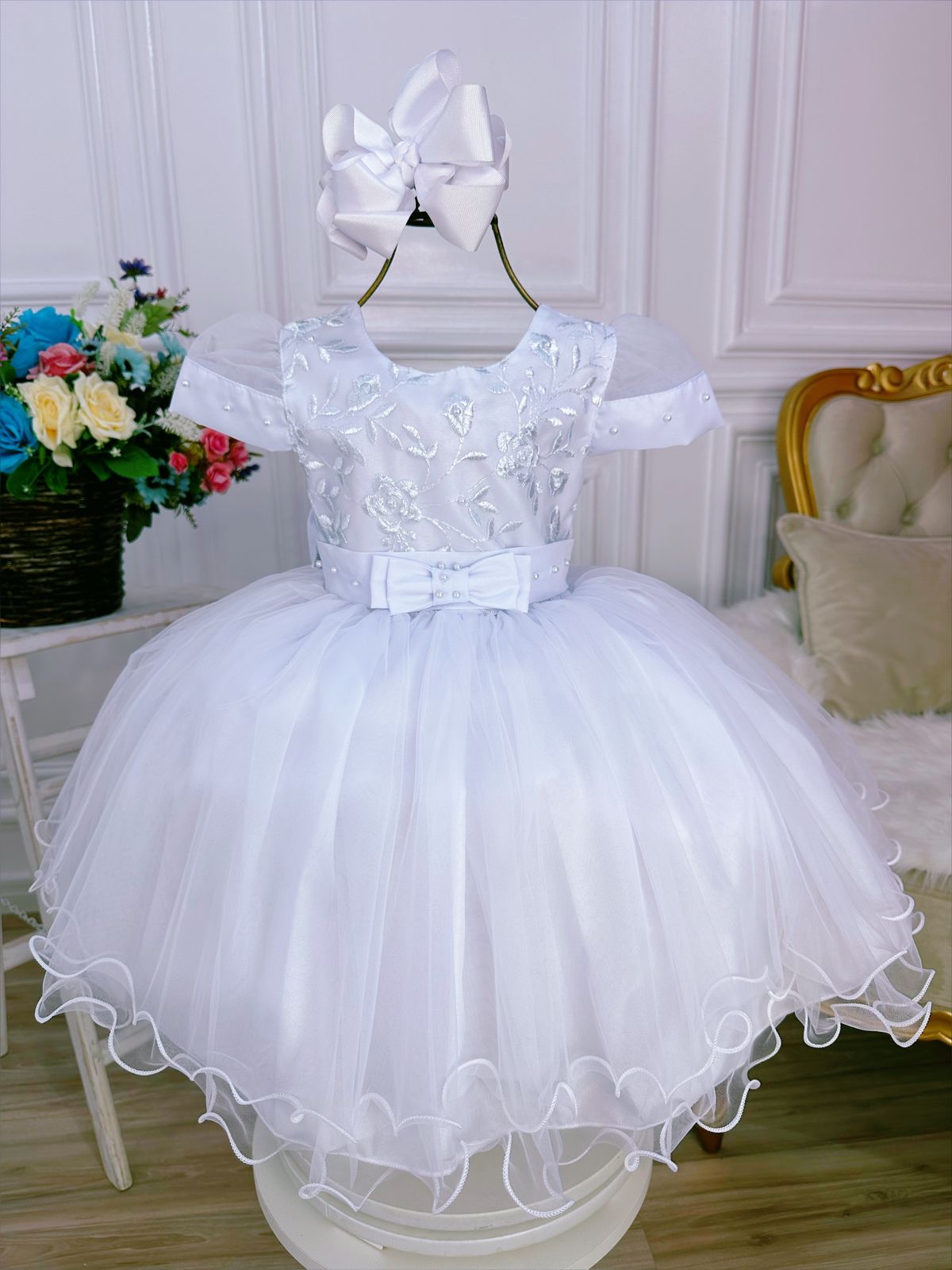 Vestido Infantil Branco C/ Renda e Pérolas Luxo