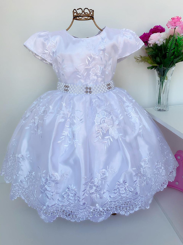 Vestido Infantil Branco Dama Batizado Renda Aniversário