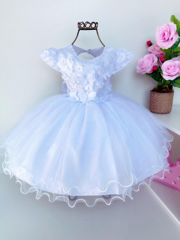 Vestido Infantil Branco Pérolas Renda Aplique Borboletas