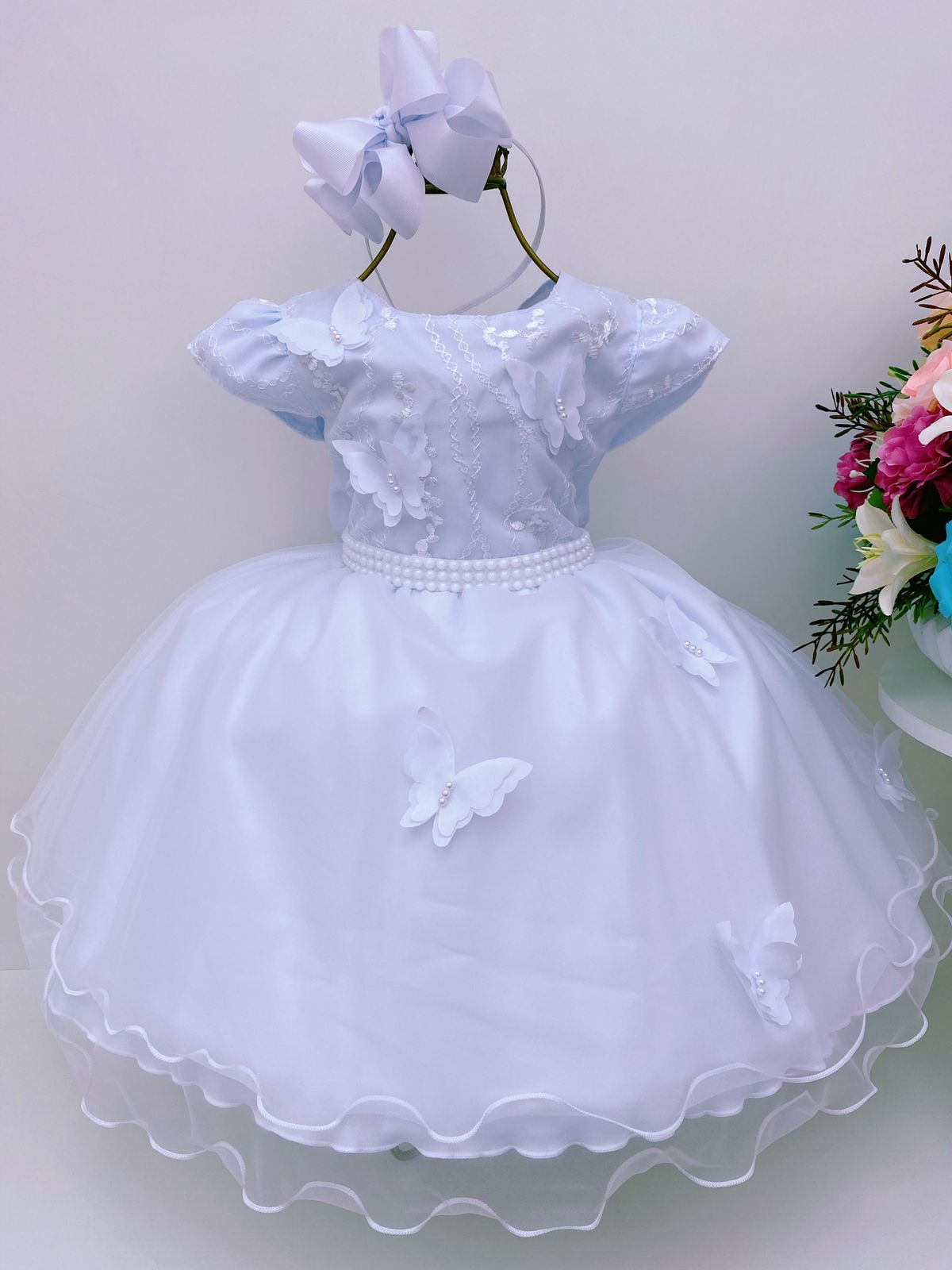 Vestido Infantil Branco Pérolas Renda Aplique Borboletas