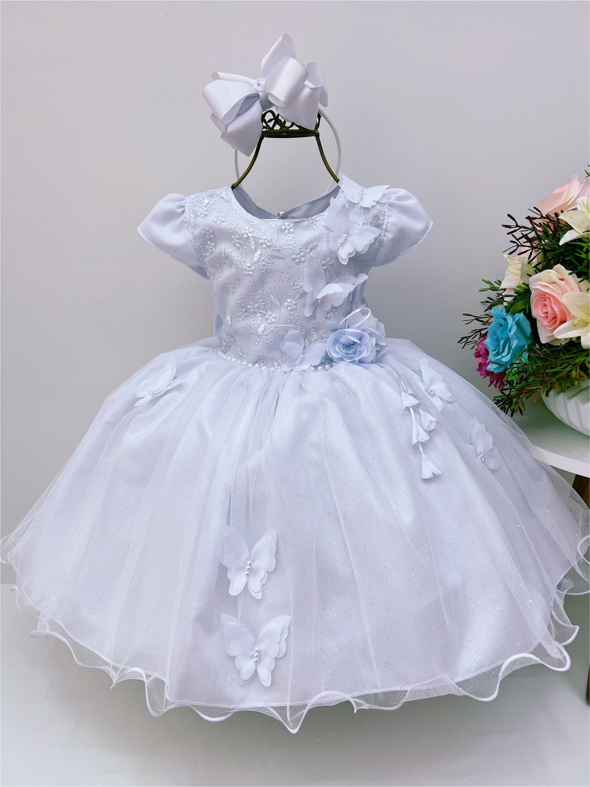 Vestido Infantil Branco Renda Aplique Borboletas Brilho Luxo