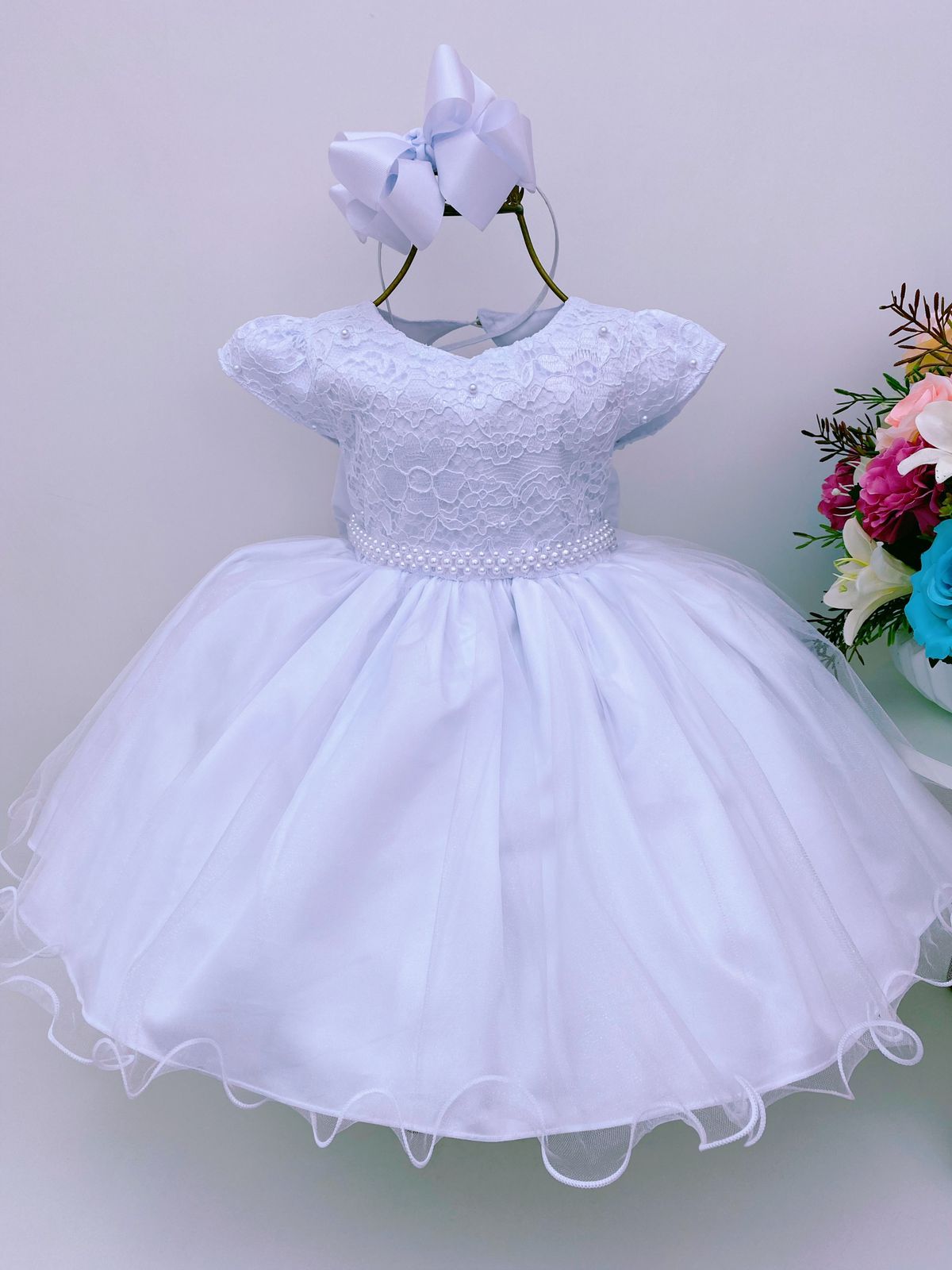 Vestido Infantil Branco Renda Aplique Pérolas Batizado Luxo