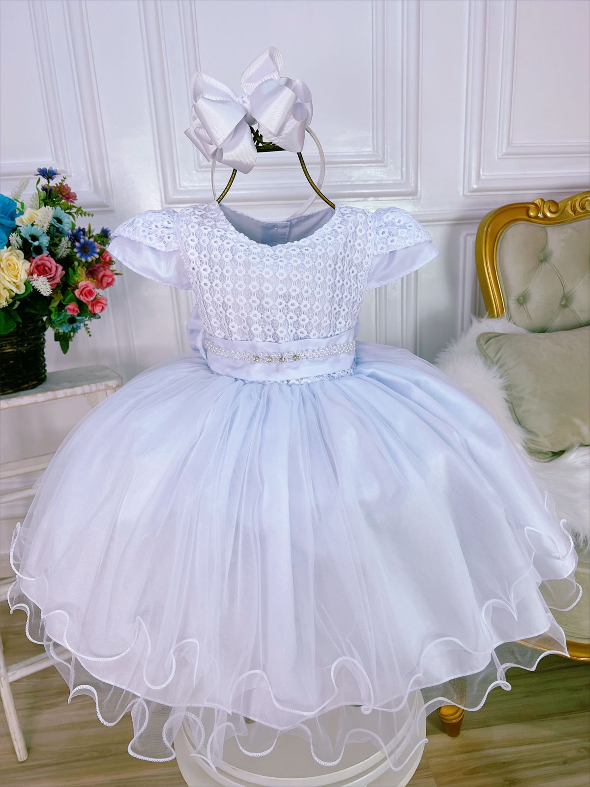 Vestido Infantil Branco Renda C/ Cinto Pérolas Strass Luxo