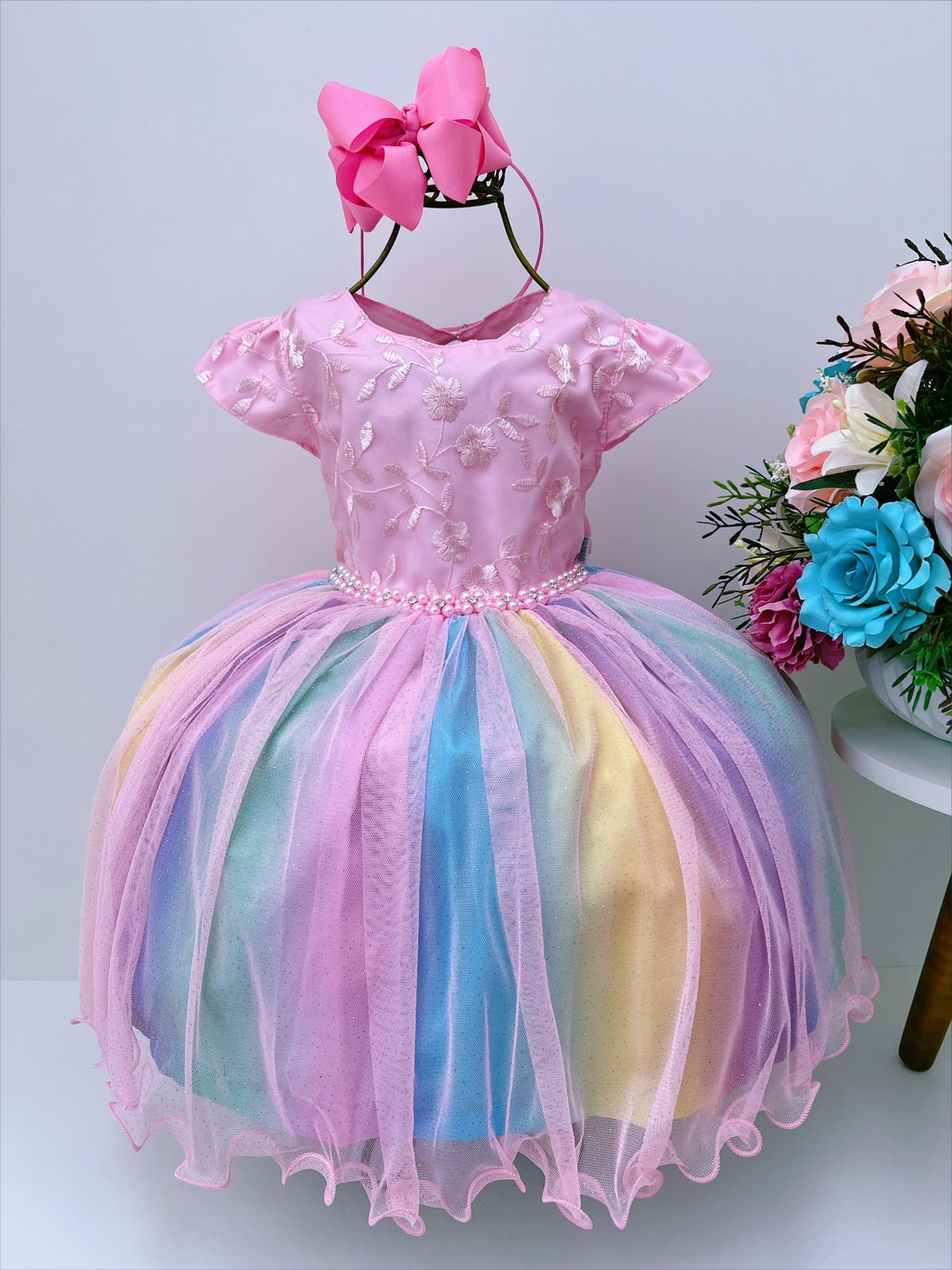 Vestido Infantil Chuva de Amor Arco Iris Colorido Festas