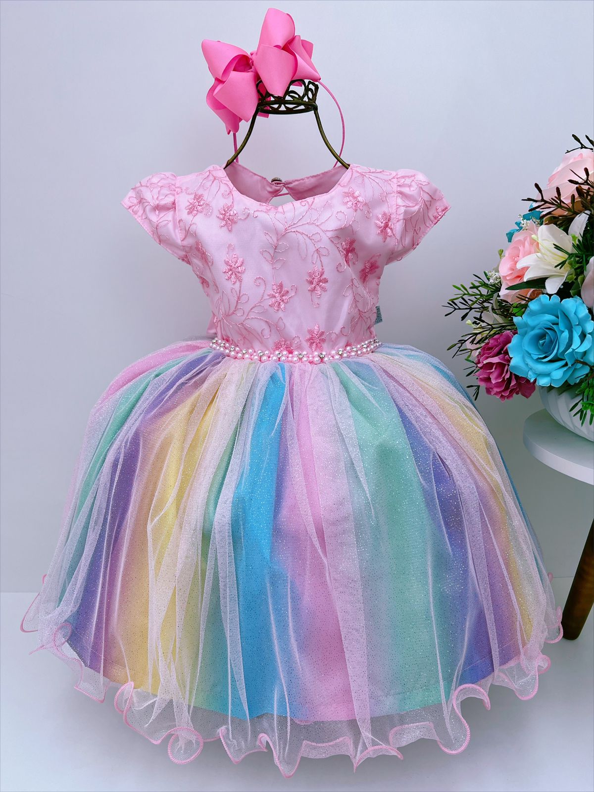 Vestido Infantil Chuva de Amor Arco Iris Colorido Festas