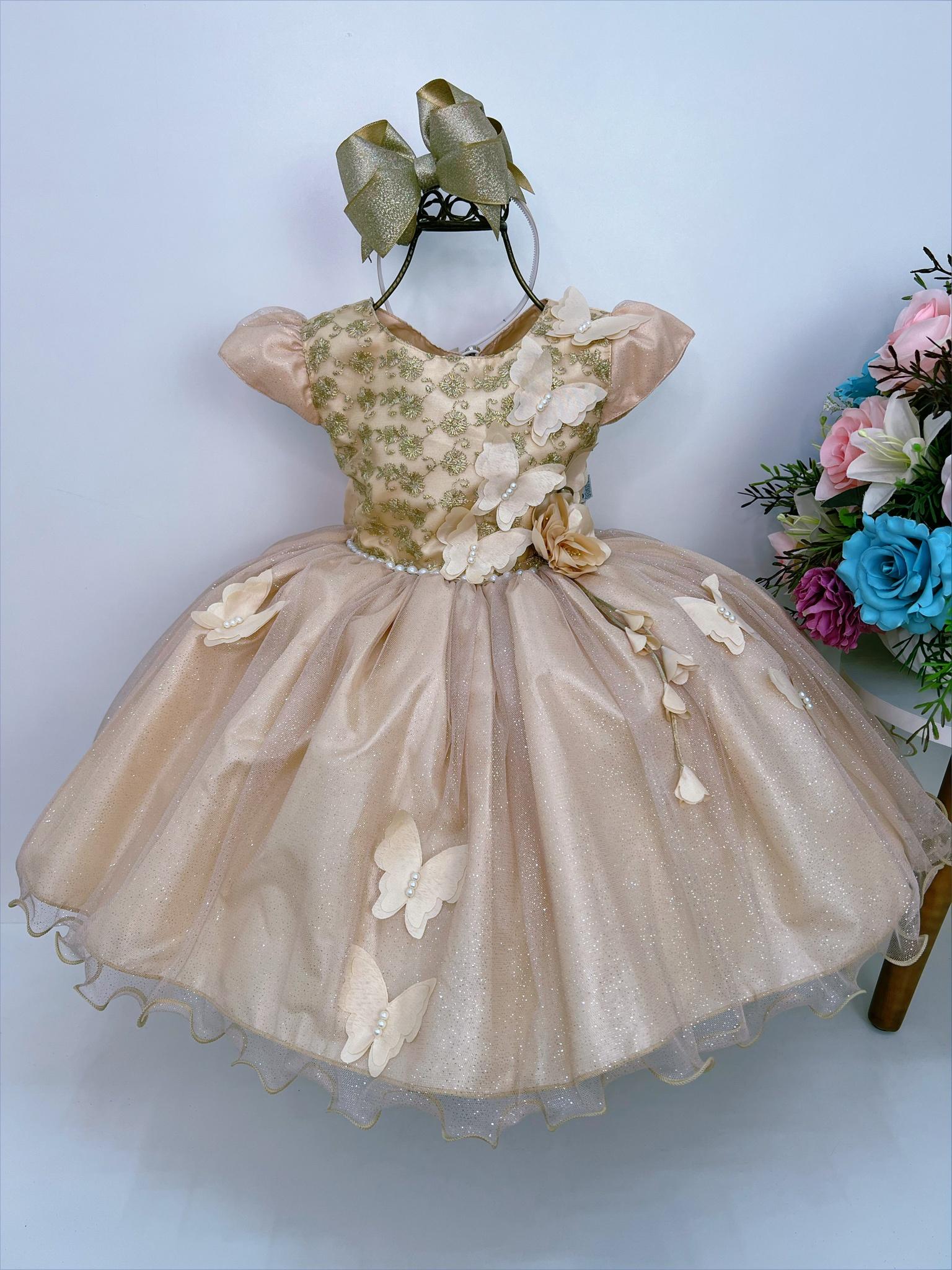 Vestido Infantil Dourado Aplique de Borboletas Renda Flor