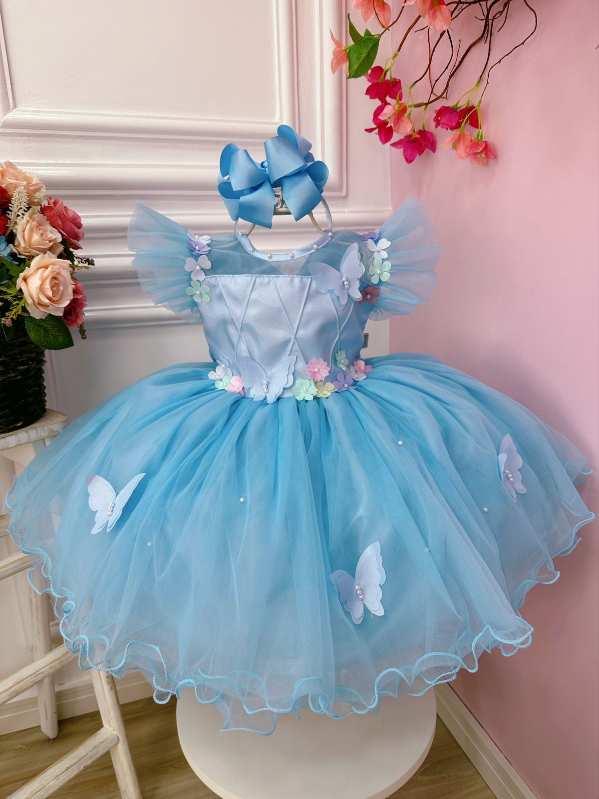 Vestido Infantil Jardim Encantado Azul C/ Aplique Pérolas
