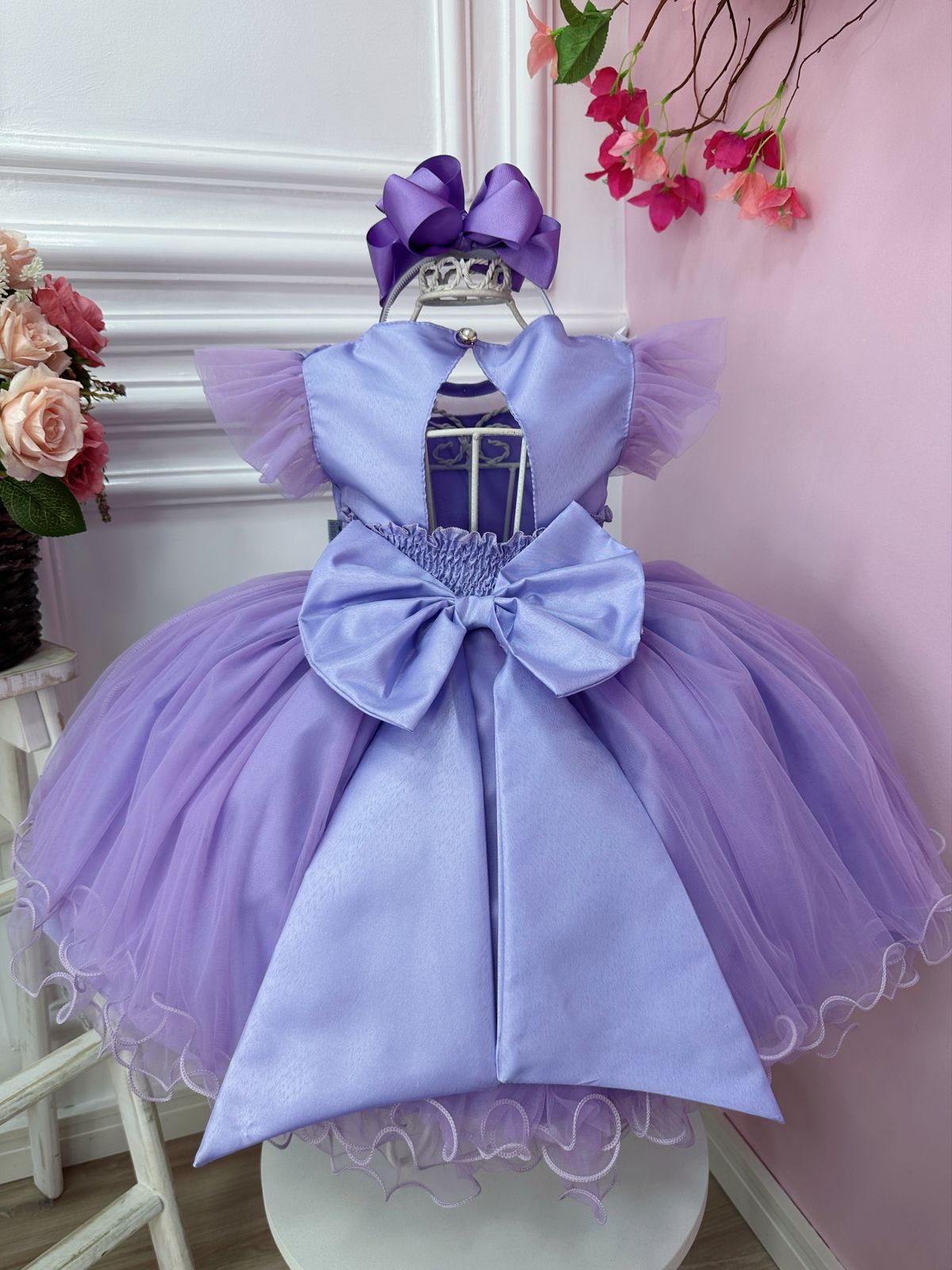 Vestido Infantil Princesa Sofia Lilás Aplique Pérolas Luxo