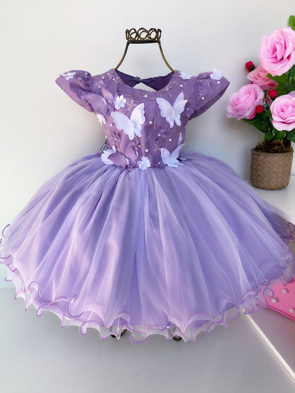 Vestido Infantil Lilás Pérolas Renda Aplique Borboletas