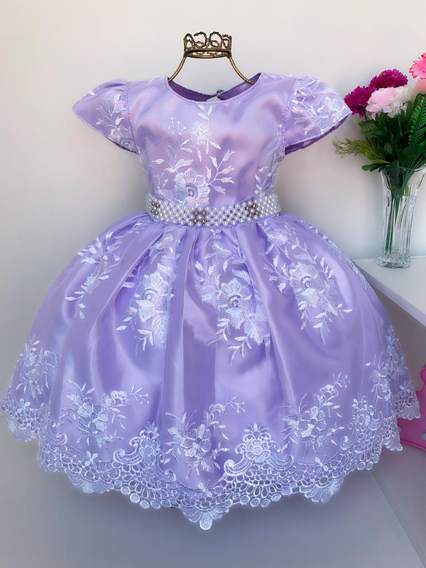 Vestido Infantil Lilás Realeza Renda Branca Aniversário Dama