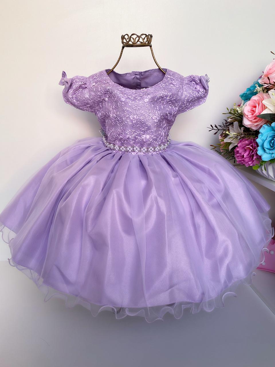 Vestido Infantil Lilás Renda e Voal Luxo Festas