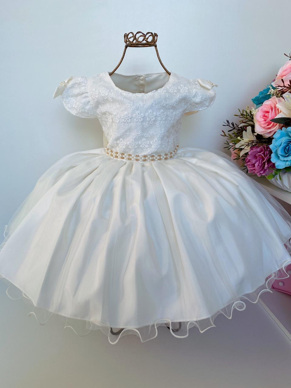 Vestido Infantil Marfim Renda e Voal Luxo Festas