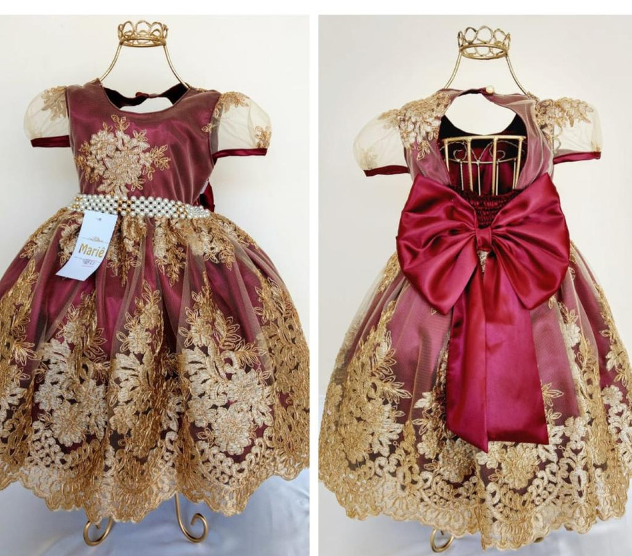 Vestido Infantil Marsala Realeza Renda Dourada Cinto Luxo