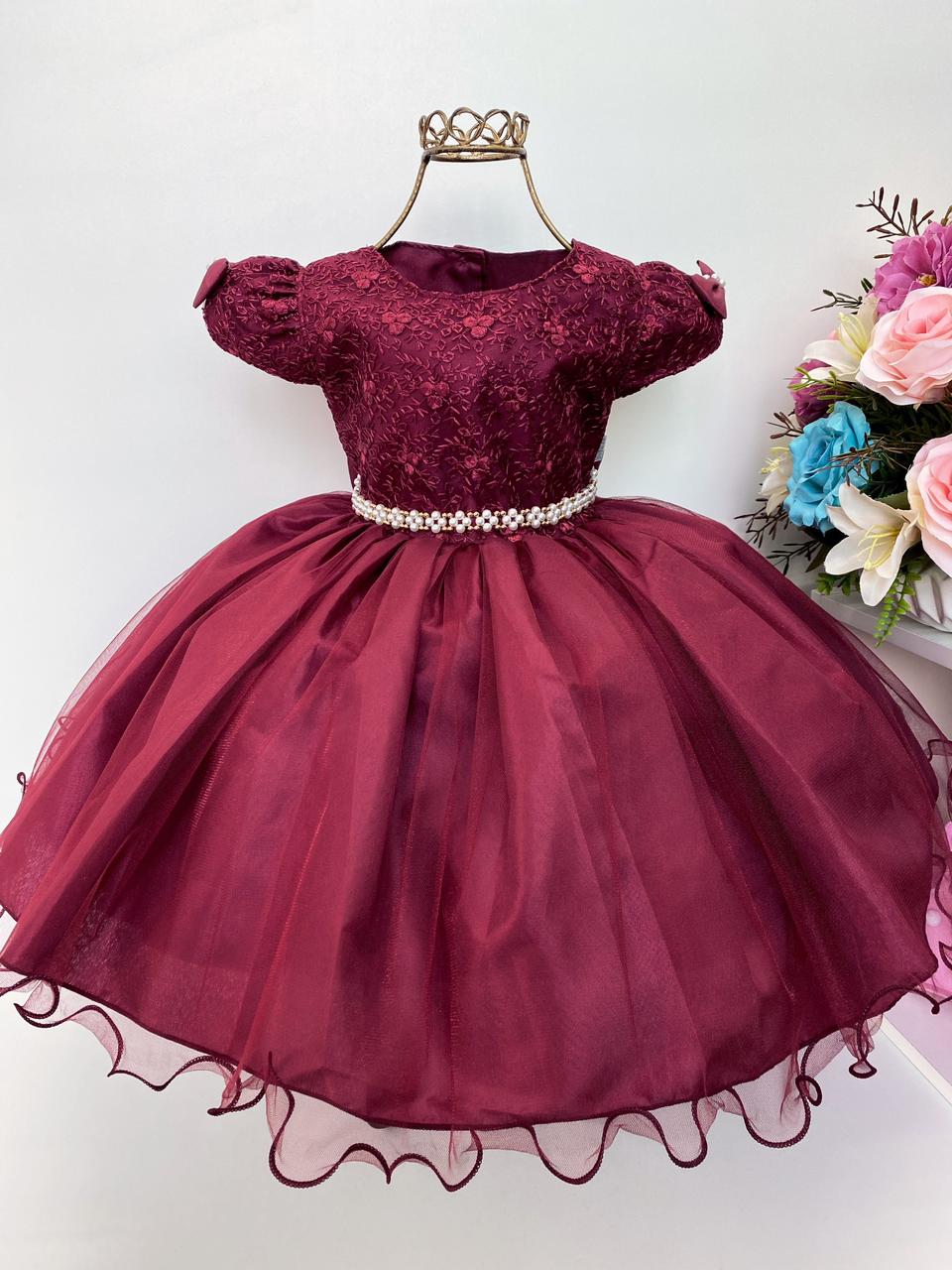 Vestido Infantil Marsala Renda e Voal Luxo Festas