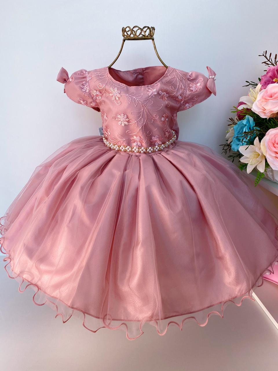 Vestido Infantil Nude Renda e Voal Luxo Festas