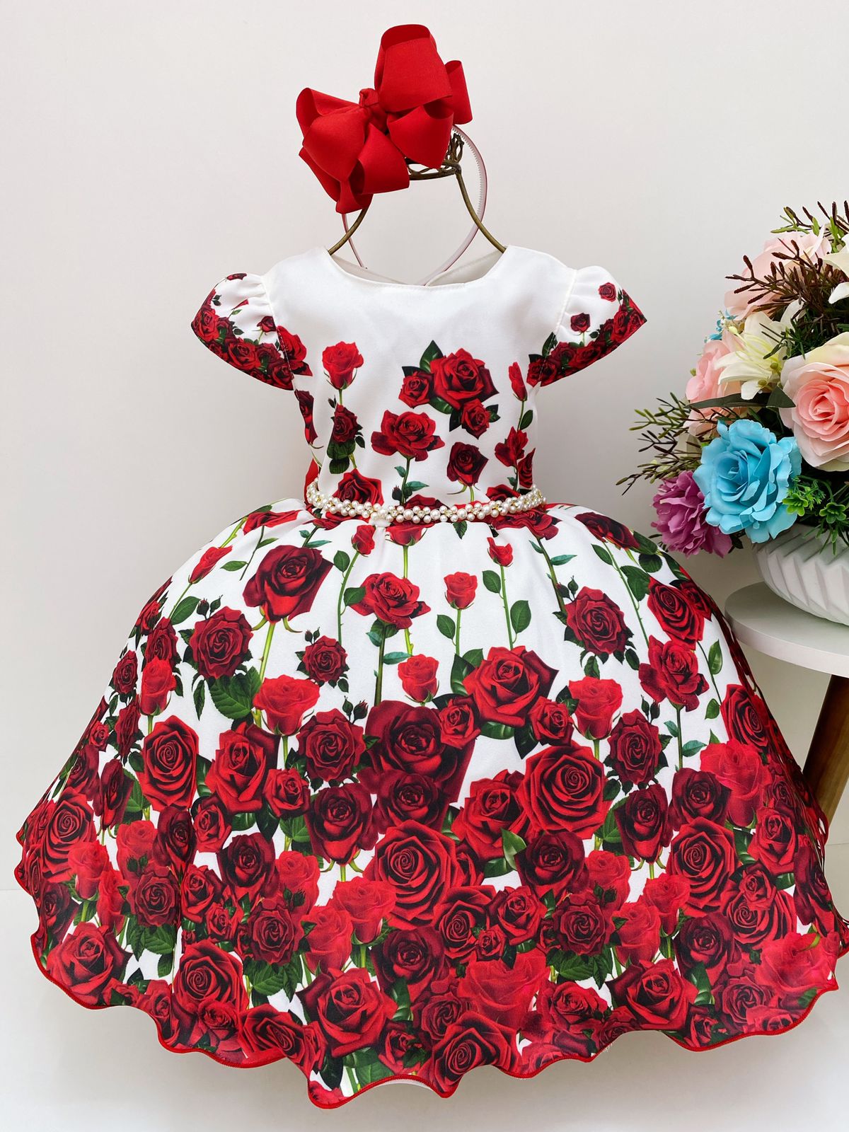 Vestido Infantil Luxo Floral Vermelho Festa Florista - Rosa Charmosa Atacado