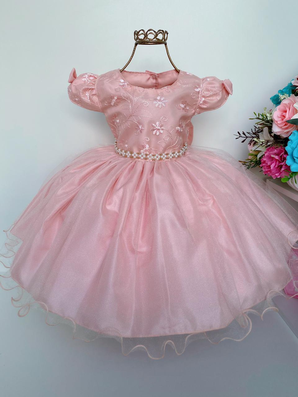 Vestido Infantil Pêssego Renda e Voal Luxo Festas