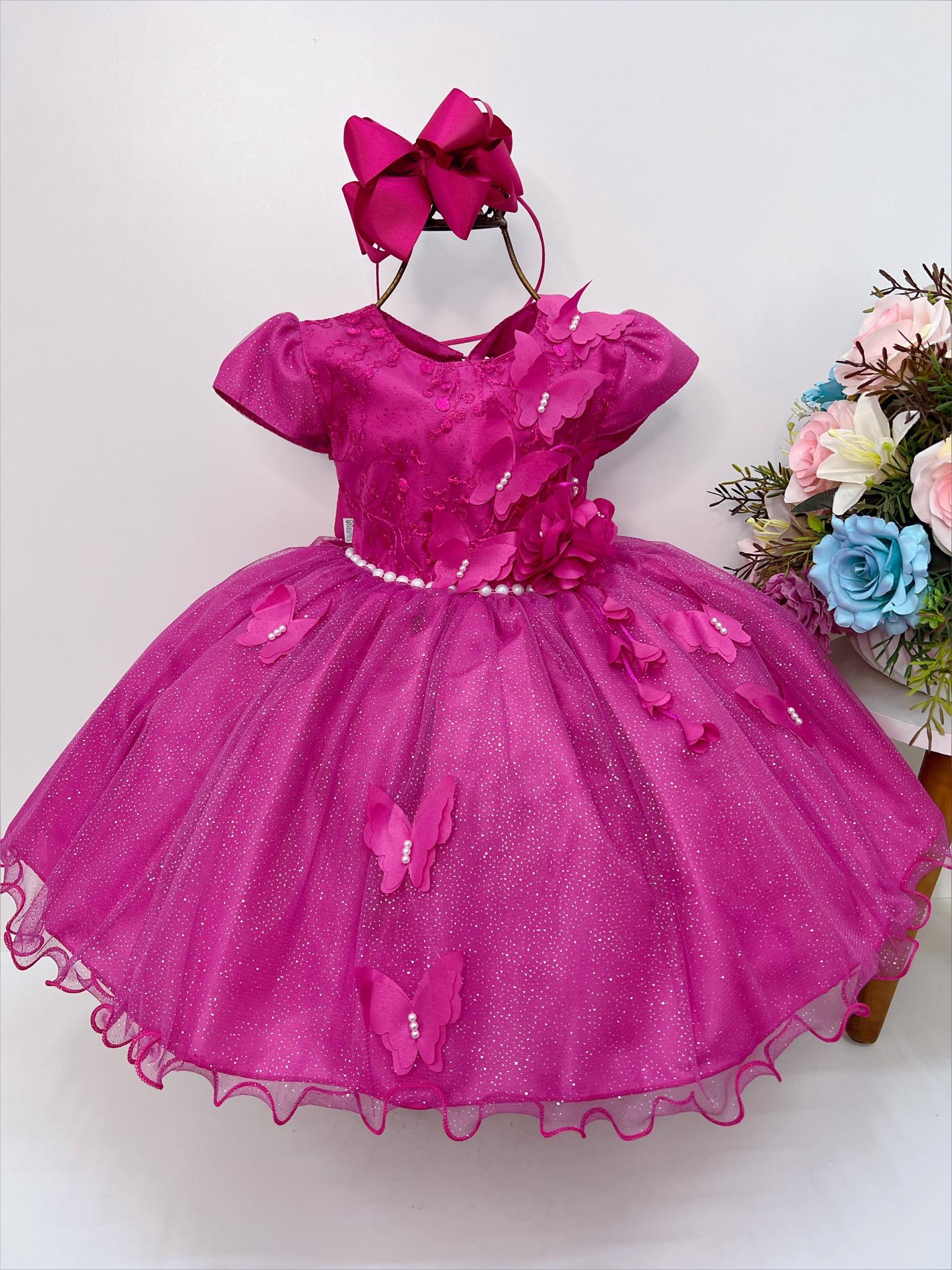 Vestido Infantil Pink C/ Aplique de Borboletas e Renda Flor