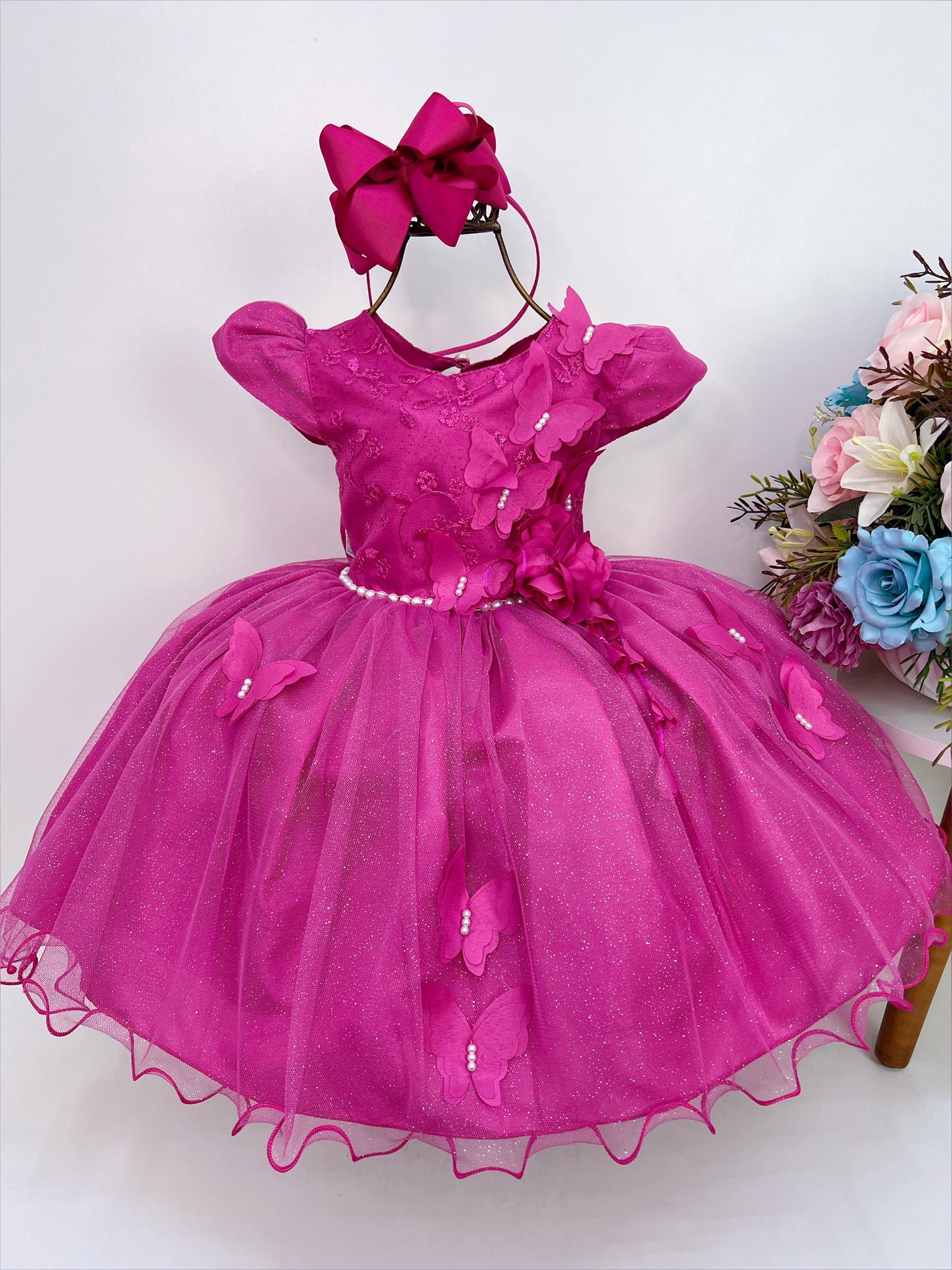 Vestido Infantil Pink C/ Aplique de Borboletas Renda Flor