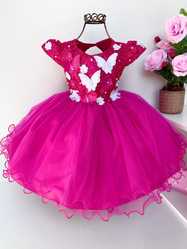 Vestido Infantil Pink Pérolas Renda Aplique Borboletas