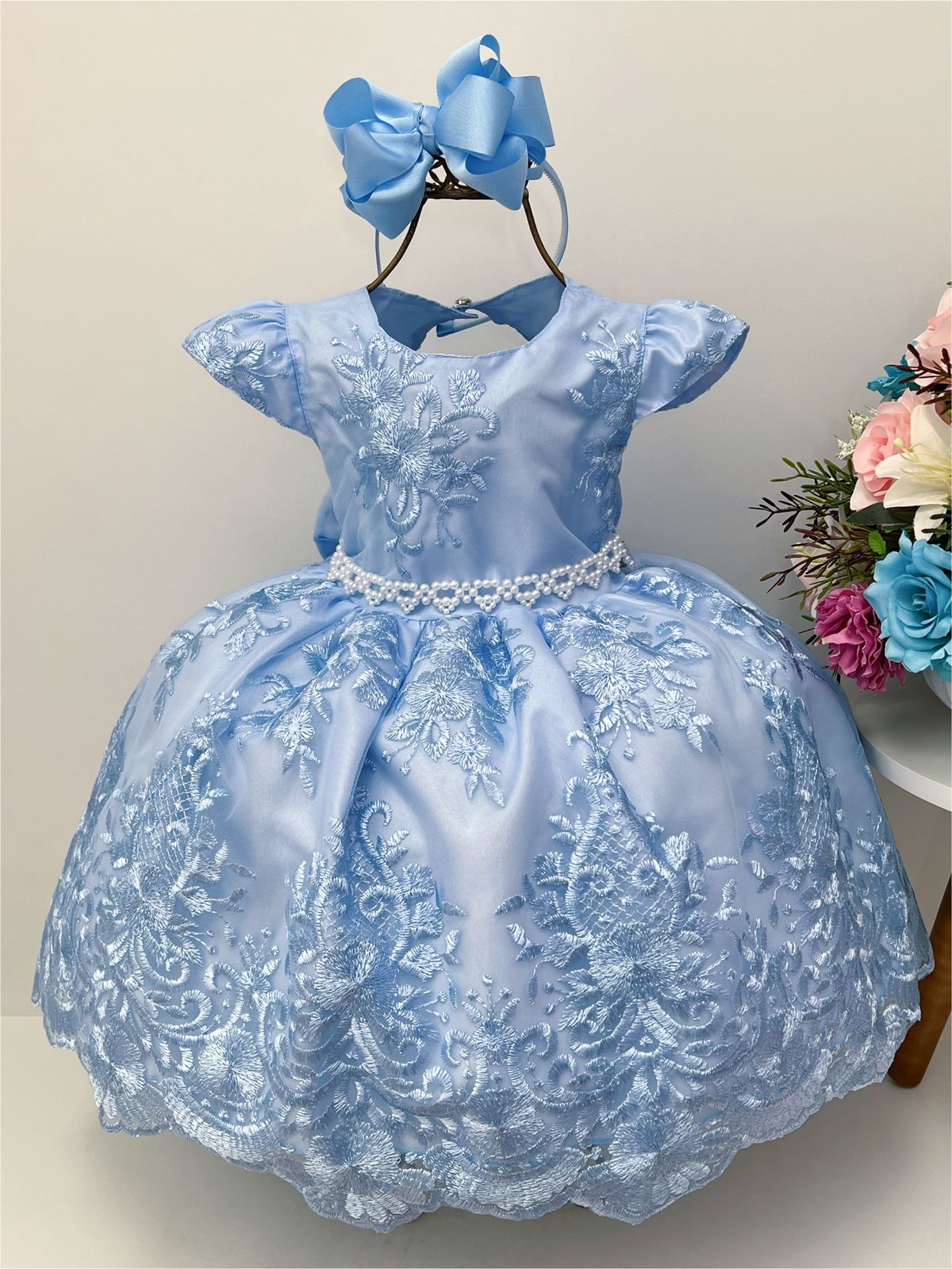 Vestido Infantil Realeza Azul Renda Pérolas Princesa Luxo - Rosa Charmosa  Atacado