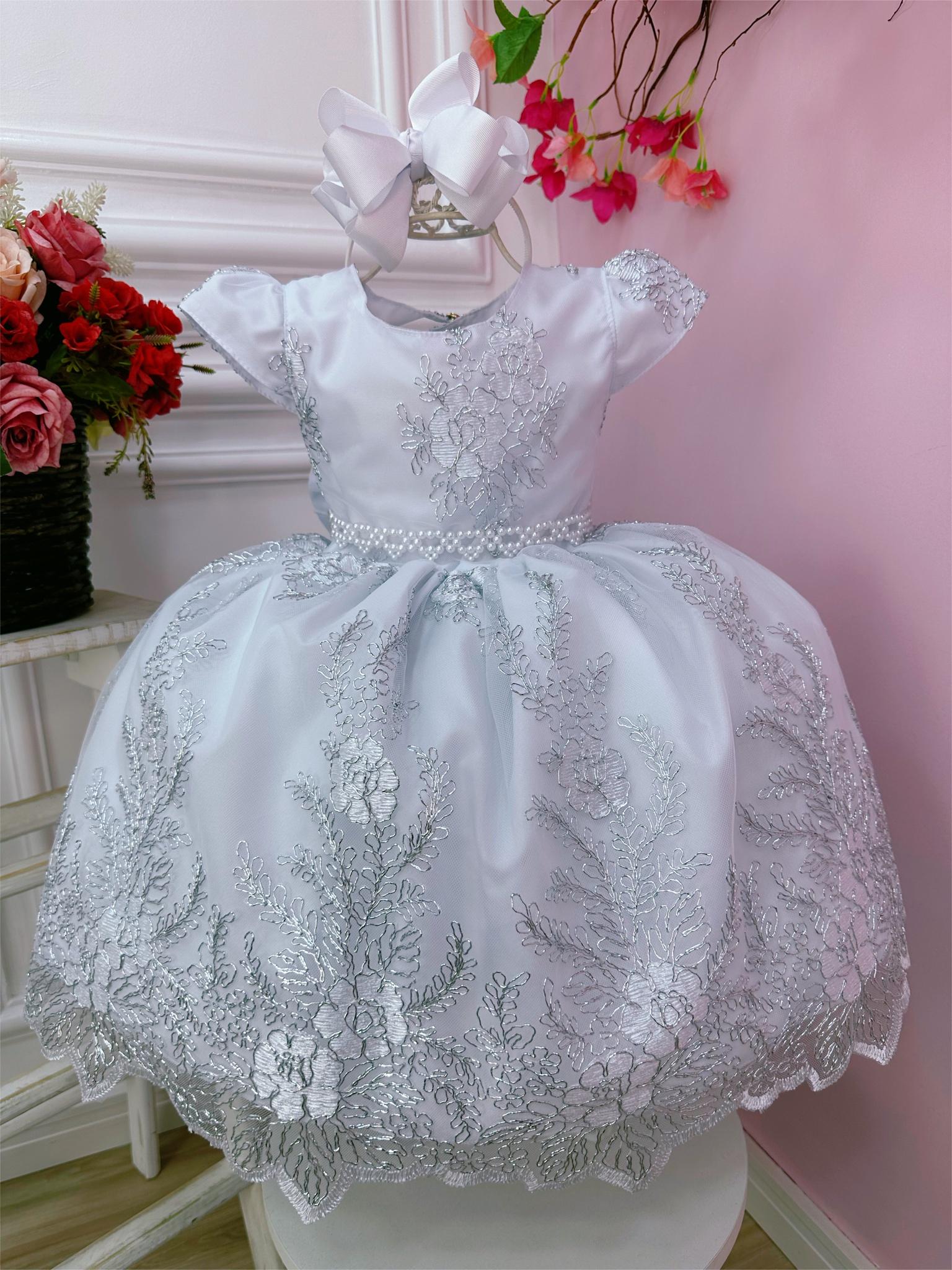 Vestido Infantil Realeza Branco C/ Renda Metalizada Pérolas