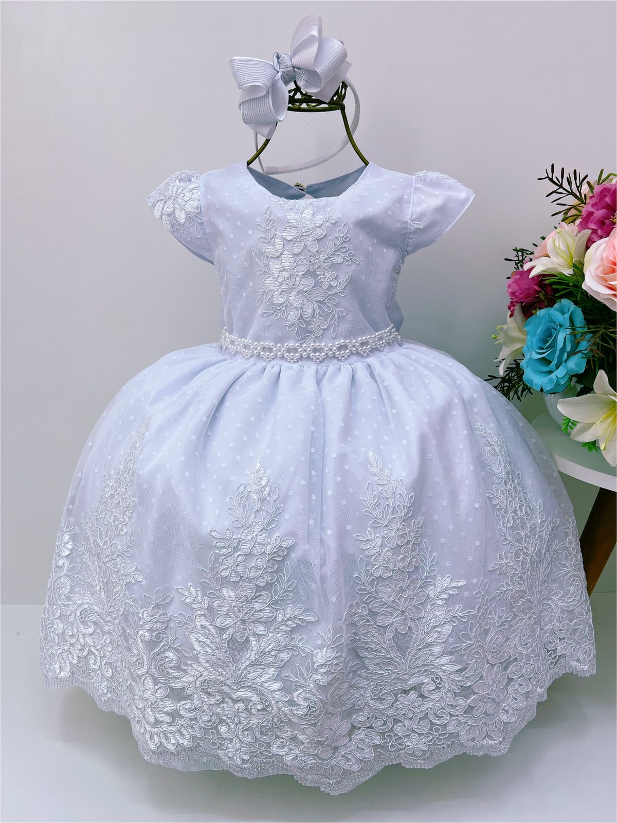 Vestido Infantil Realeza Branco Renda Pérolas Luxo Princesa