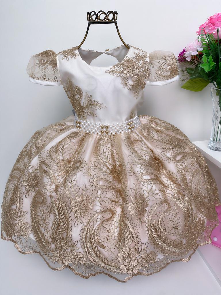 Vestido Infantil Realeza Dourado Renda Dourada Luxo Princesa