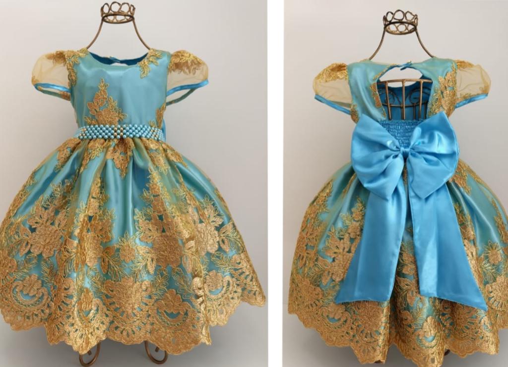 Vestido Infantil Realeza Renda Dourada Azul Luxo