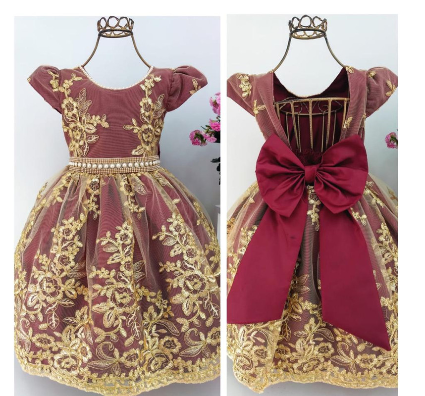 Vestido Infantil Realeza Renda Dourada Marsala Cinto Luxo