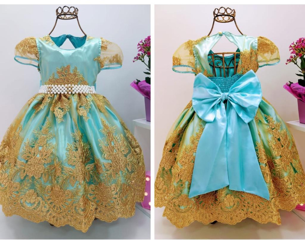 Vestido Infantil Realeza Renda Dourada Verde Tifany Luxo