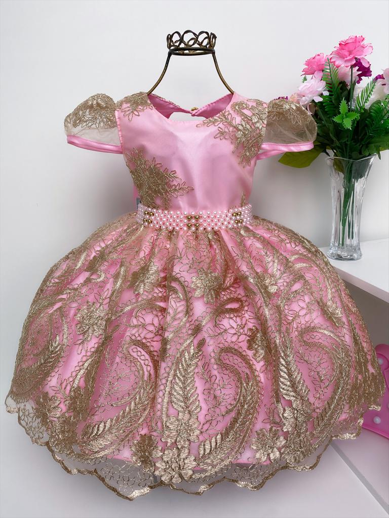 Vestido Infantil Realeza Rosa Renda Dourada Luxo Princesa
