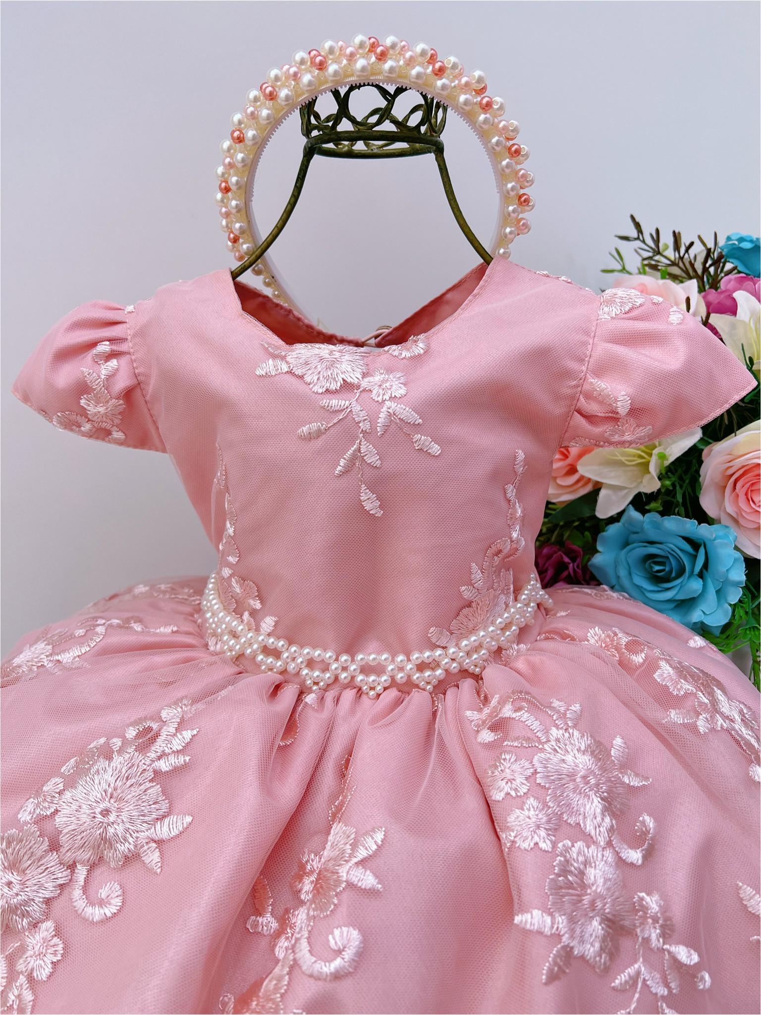 Vestido Infantil Branco Bebê Princesa Luxo Festa Pérolas - Rosa Charmosa  Atacado