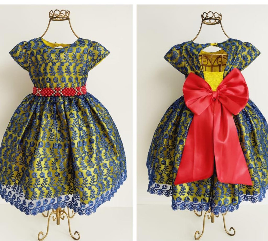 Vestido Infantil Renda Azul Fundo Amarelo Laço Vermelho