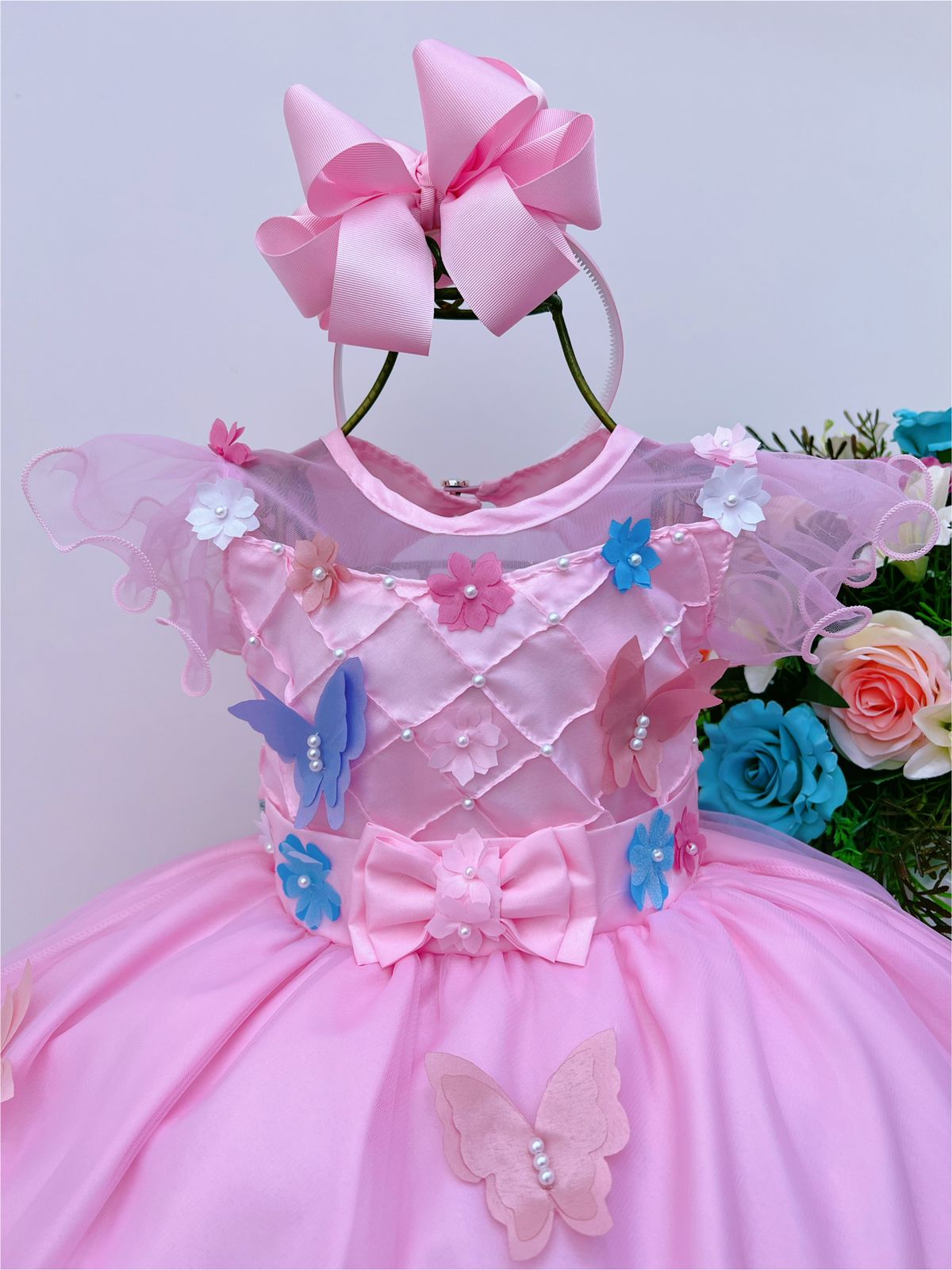 Vestido Infantil Gatinha Marie Luxo Orelhas Acompanha Tiara - Rosa Charmosa  Atacado